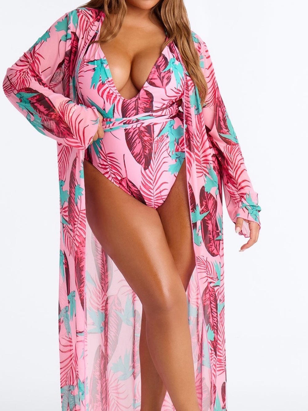 Tropical Pink V-Neck One-Piece Swimsuit with Sheer Cover-Up